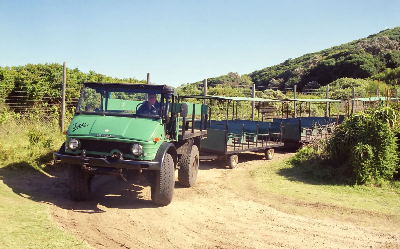 A green Unimog utility vehicle towing two open-sided passenger trailers with bench seats and canvas roofs along a sandy track, with coastal bush and aloes beside it and a wooded hill behind under a clear blue sky