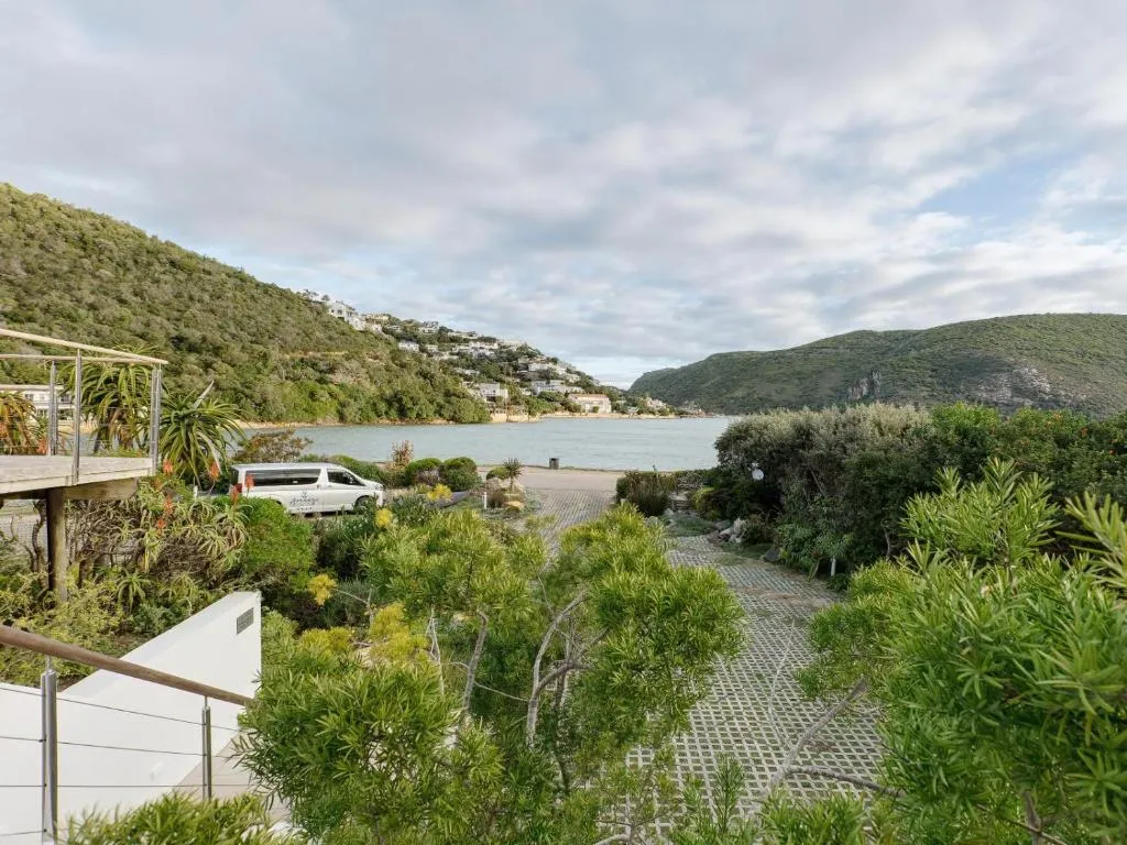 Low coastal thicket, aloes and silvery shrubs in the foreground with a paved path running through them down towards flat grey-green estuary water, wooded hills on both sides and houses scattered along the far hillside under a pale overcast sky