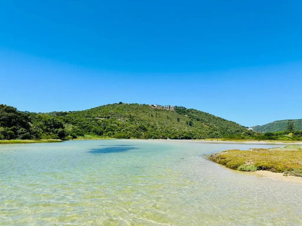Shallow, clear estuary water in the foreground meeting a low sandbank covered in green saltmarsh plants on the right, with a densely wooded hill and a few houses along its ridge in the background under a cloudless blue sky