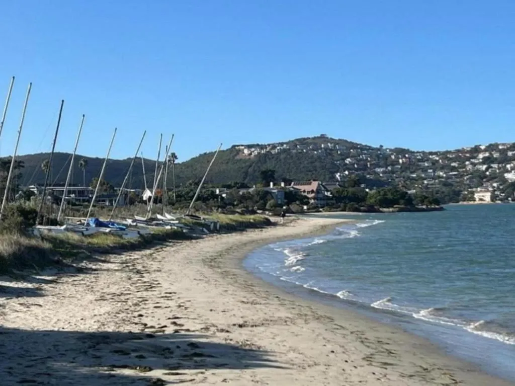A curving sand beach on the estuary with small dinghies and catamarans pulled up on the sand above the tide line, tiny wavelets a few centimetres high lapping the shore, and a hillside of houses across the water.