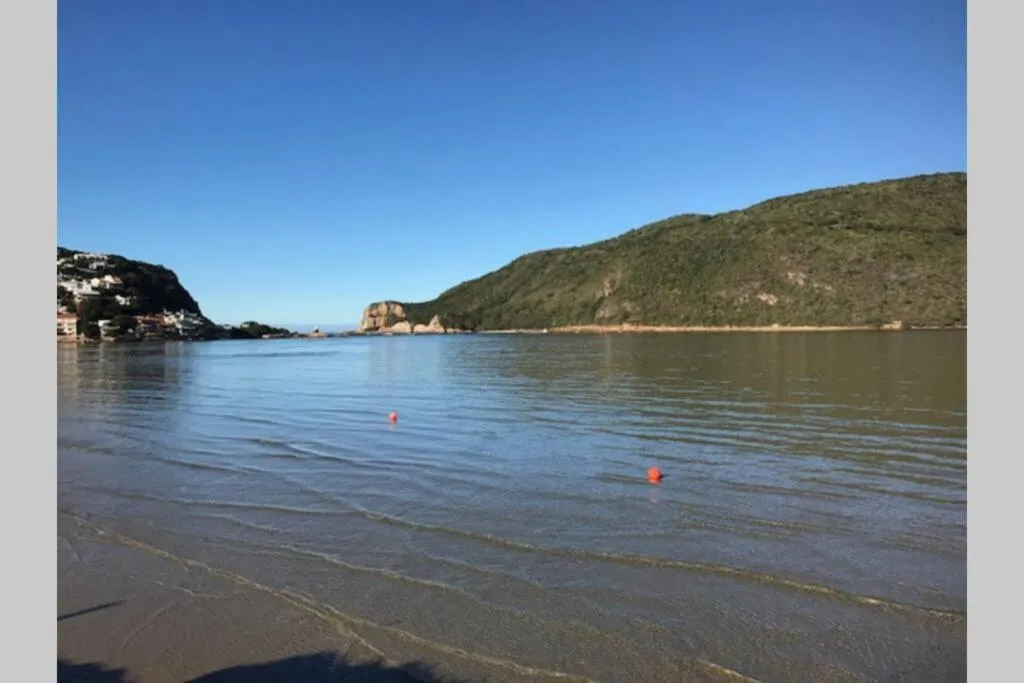An estuary beach at low water: wet rippled sand in the foreground shelving very gradually into shallow calm water, two orange marker buoys floating close in, a green forested headland to the right and the gap of the Heads with open sea visible in the distance.